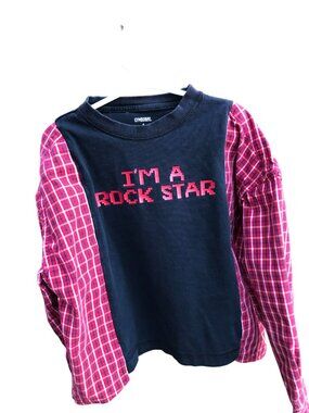 Upcycled Boy’s Plaid Tee, Rock Star Graphic T-Shirt w/Long Sleeves Size 6-10